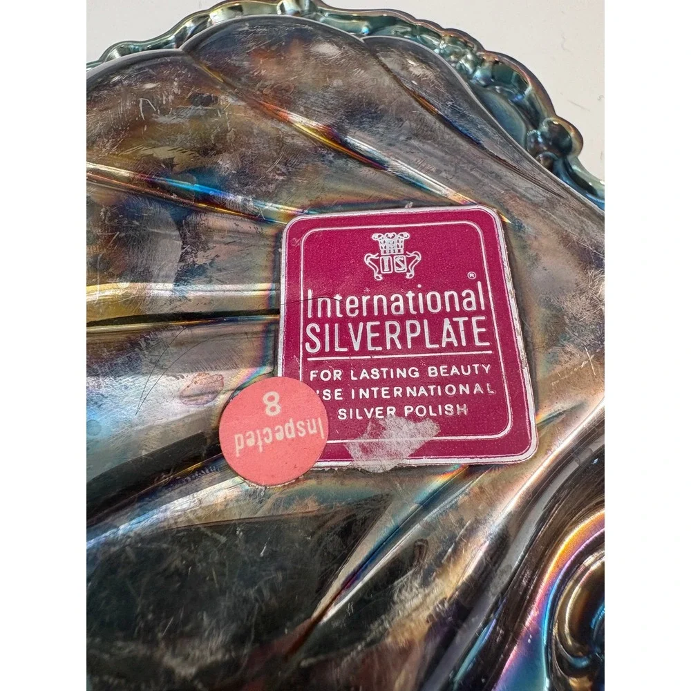 International Silverplate Shell Trinket Dish Iridescent Rainbow Tarnish Vintage